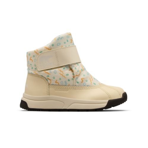 Toddler ankle boot with white base, orange, blue and green squiggly and geometric pattern, beige velcro strap and a white and  black outsole. 