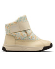 Toddler ankle boot with white base, orange, blue and green squiggly and geometric pattern, beige velcro strap and a white and  black outsole. 