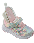 A children's sneaker in pastel pink, yellow, and blue with floral applique and a Velcro strap closure. insoles sticking out to show options and a white outsole that has light up flowers.