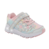 A children's sneaker in pastel pink, yellow, and blue with floral applique and a Velcro strap closure with a white outsole that has light up flowers.