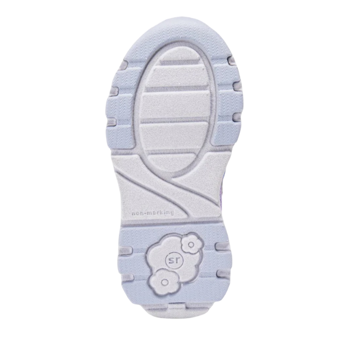 White and pale blue light textured outsole of a Stride Rite kid's sneaker with SR logo stamped at heel.