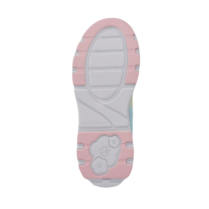 White and pale pink light textured outsole of a Stride Rite kid's sneaker with SR logo stamped at heel.