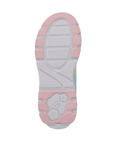 White and pale pink light textured outsole of a Stride Rite kid's sneaker with SR logo stamped at heel.
