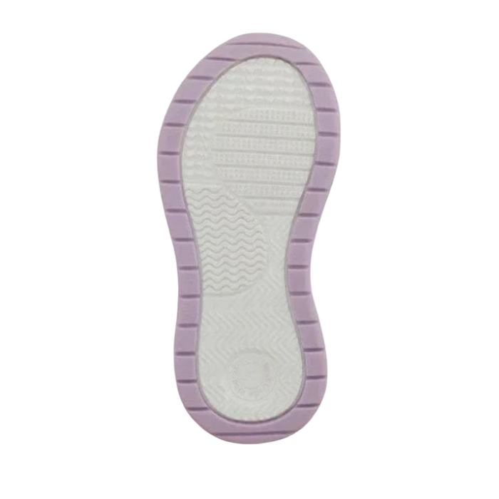 The outsole of a kid's shoe with a light purple outer edge with grooved tread patterns and a textured white center.