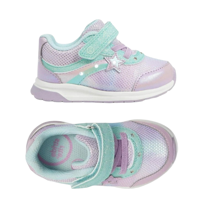 Pair of A toddler's light-up sneakers in pastel pink and mint green, featuring a mesh upper, a hook-and-loop strap, a star-shaped accent, and a white outsole.