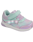 A toddler's light-up sneaker in pastel pink and mint green, featuring a mesh upper, a hook-and-loop strap, a star-shaped accent, and a white outsole.