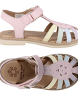 Pair of Pink sandals with caged toe box in pastel rainbow accent straps, tan footbed and beige outsole.