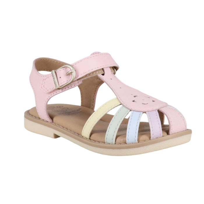 Pink sandal with caged toe box in pastel rainbow accent straps, tan footbed and beige outsole.