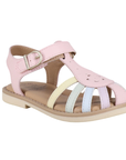 Pink sandal with caged toe box in pastel rainbow accent straps, tan footbed and beige outsole.