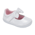 A white patent leather baby Mary Jane shoe with a white satin bow on the strap and a pink interior lining.