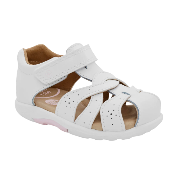 A toddler's white leather fisherman sandal with adjustable hook-and-loop strap, tan Stride Rite logo'd footbed and a contoured white outsole.