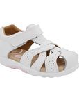 A toddler's white leather fisherman sandal with adjustable hook-and-loop strap, tan Stride Rite logo'd footbed and a contoured white outsole.