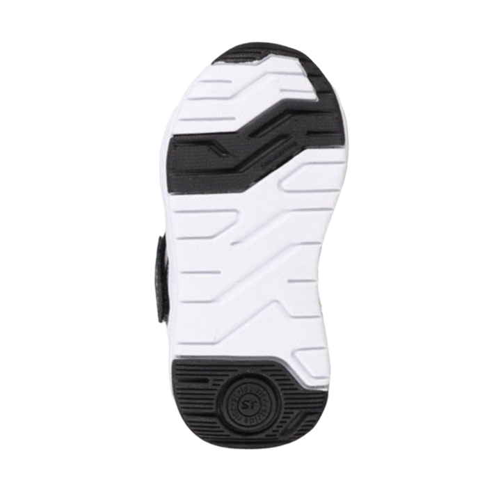 Black and white light treaded outsole of kid's sneaker.