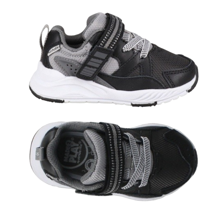 Pair of Black and grey kids sneakers with white outsole.