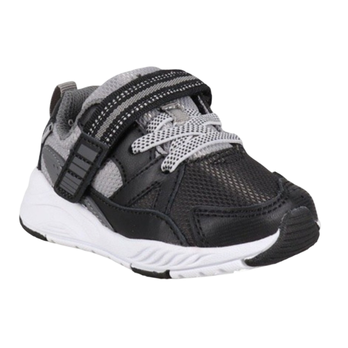 Black and grey kids sneaker with white outsole.