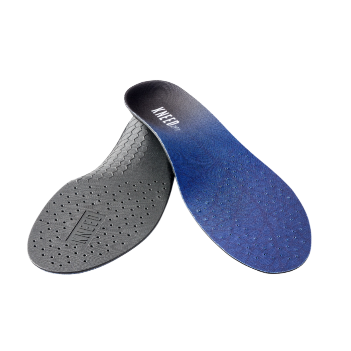 Grey and blue insoles with "Kneed2fit" text at heel.