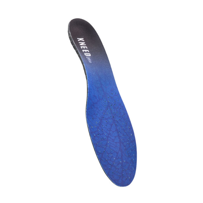 Grey and blue insolewith "Kneed2fit" text at heel.