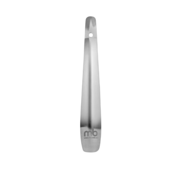 Silver metal 10" shoe horn with MB logo on end.