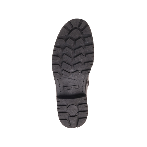 Black treaded outsole with deep lugs and Blondo logo stamped in middle.