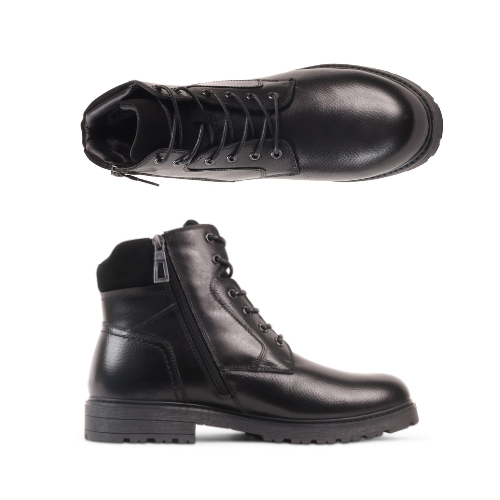 Pair of Black leather boots with laces, inside zipper and treaded outsole.