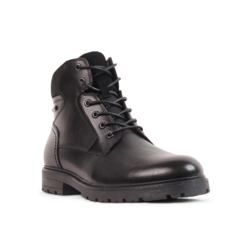 Black leather boot with laces and treaded outsole.