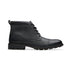 Profile of black leather ckukka boot with detailed stitching, black laces and black treaded outsole.