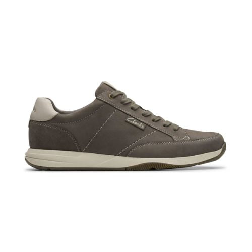 A Grey nubuck lace sneaker profile with white heel cap and off white midsole.