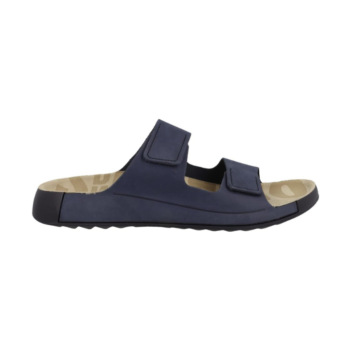 An Ecco slide sandal with two Velcro straps in navy blue nubuck. Footbed is beige with Cozmo logo and the outsole is black. 