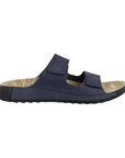 An Ecco slide sandal with two Velcro straps in navy blue nubuck. Footbed is beige with Cozmo logo and the outsole is black. 