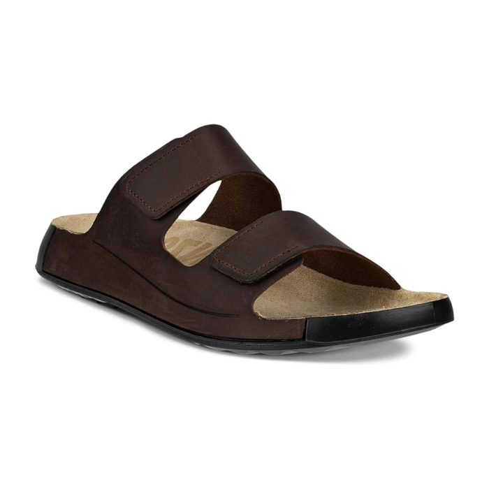 2nd Cozmo Sandal in Potting Soil. Slide sandal with two adjustable straps in dark brown nubuck. Footbed is beige, outsole is black. 