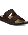 2nd Cozmo Sandal in Potting Soil. Slide sandal with two adjustable straps in dark brown nubuck. Footbed is beige, outsole is black. 