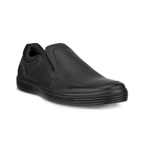 Black leather slip on shoe with side elastic panel and black outsole.