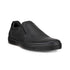 Black leather slip on shoe with side elastic panel and black outsole.