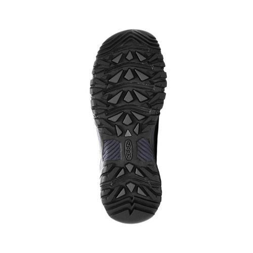 Black high treaded outsole with Keen logo in middle.