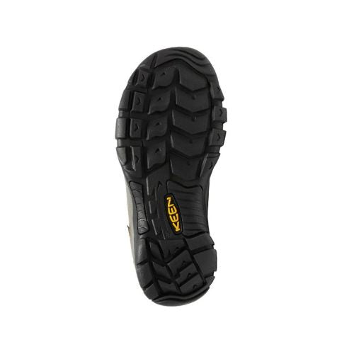 Black treaded outsole with yellow Keen logo on heel.