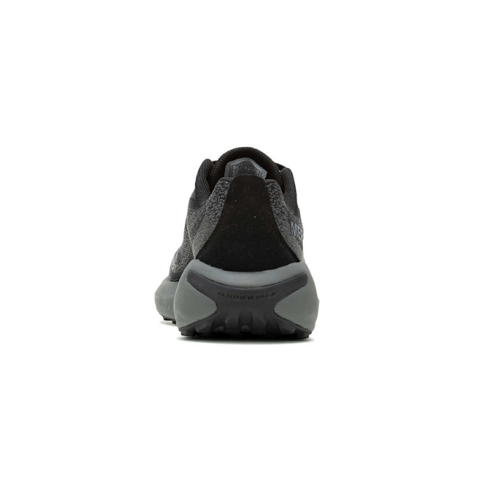 Grey and black heel of sneaker with thick grey midsole and black rubber heel wrap.