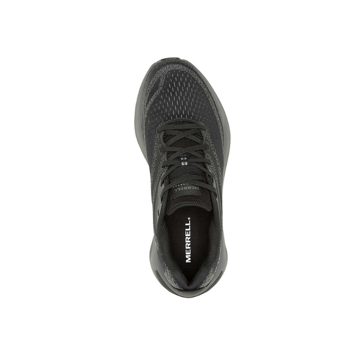 Top of a Black mesh sneaker with grey speckled design, black Merrell logo'd footbed and black laces.