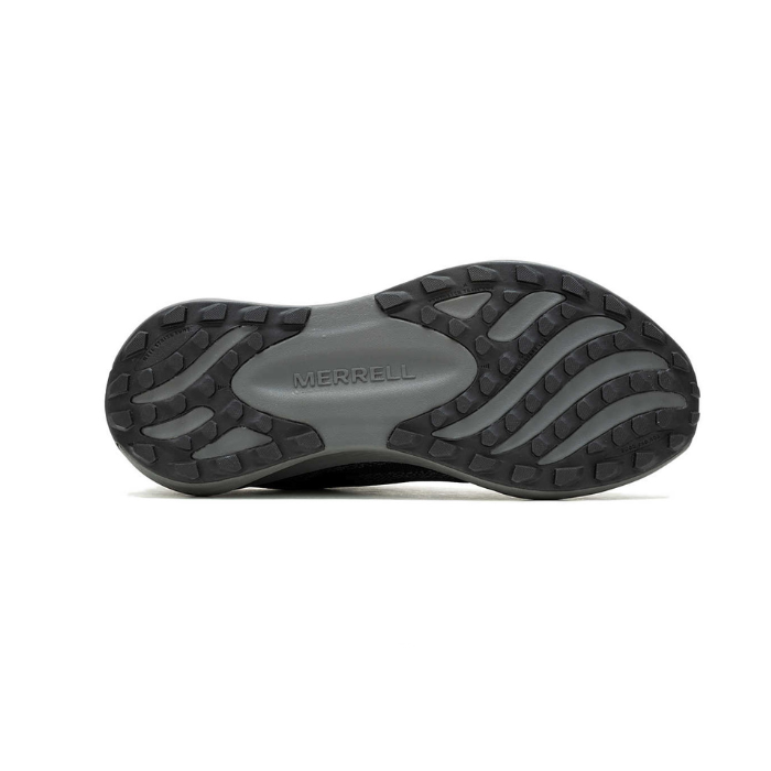 Black and grey medium treaded outsole with Merrell logo stamped in middle.