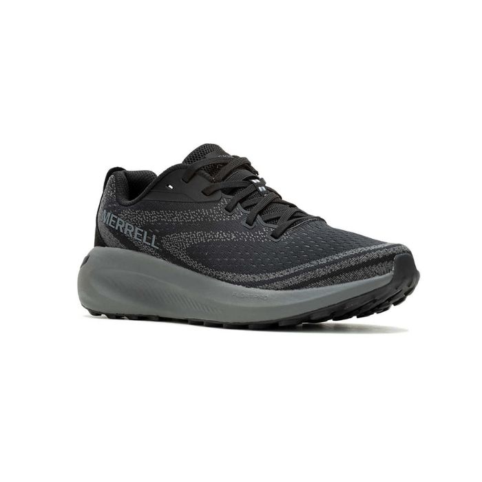 Black mesh sneaker with grey speckled design, grey thick cushioned midsole and black outsole.