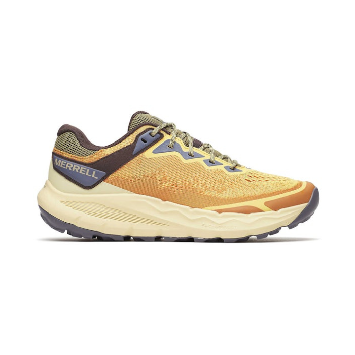 Men's Merrell Nova 4 Trail Sneakers in orange and yellow with breathable mesh upper, cushioned heel, and durable rubber outsole for rugged terrain.