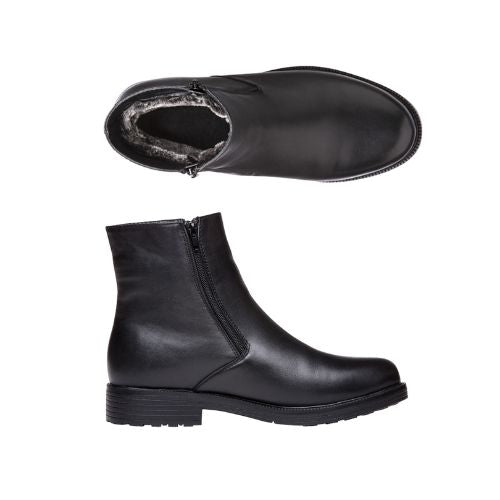 Pair of Men's black leather ankle boots with  zippers on each side, faux fur lining and a black treaded outsole.