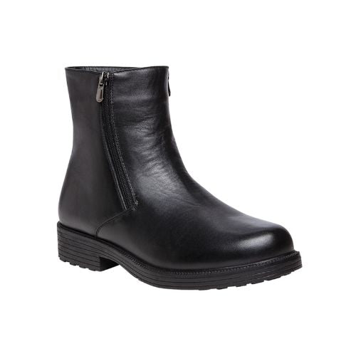 Men's black leather ankle boot with  zippers on each side and a black treaded outsole.