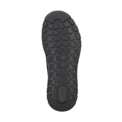 Black treaded outsole with geometric pattern and Rieker logo on heel.