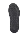 Black treaded outsole with geometric pattern and Rieker logo on heel.