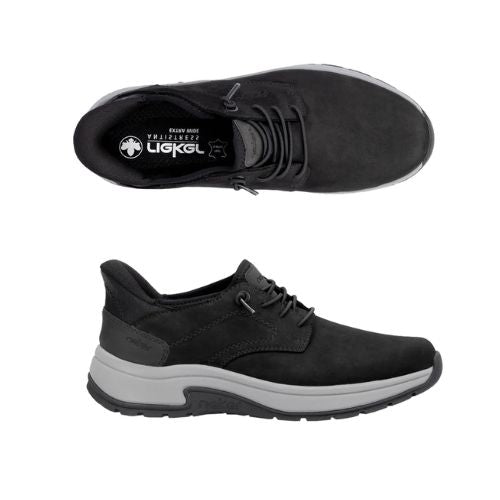 Pair of black leather slip on shoes with dark grey accents, elastic laces, accent stitching, Rieker logo'd black footbed, thick grey midsole and black outsole.