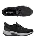 Pair of black leather slip on shoes with dark grey accents, elastic laces, accent stitching, Rieker logo'd black footbed, thick grey midsole and black outsole.