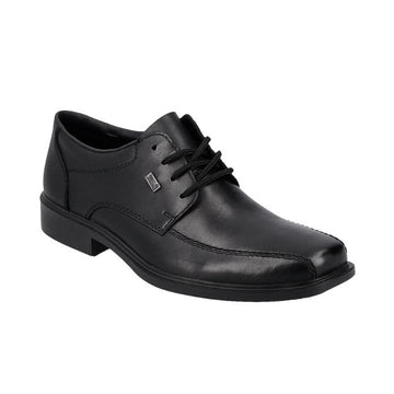 Black leather dress shoe with bicycle toe.