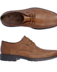 Top and side view of brown leather dress shoe with bicycle toe. Rieker logo on brown insole.