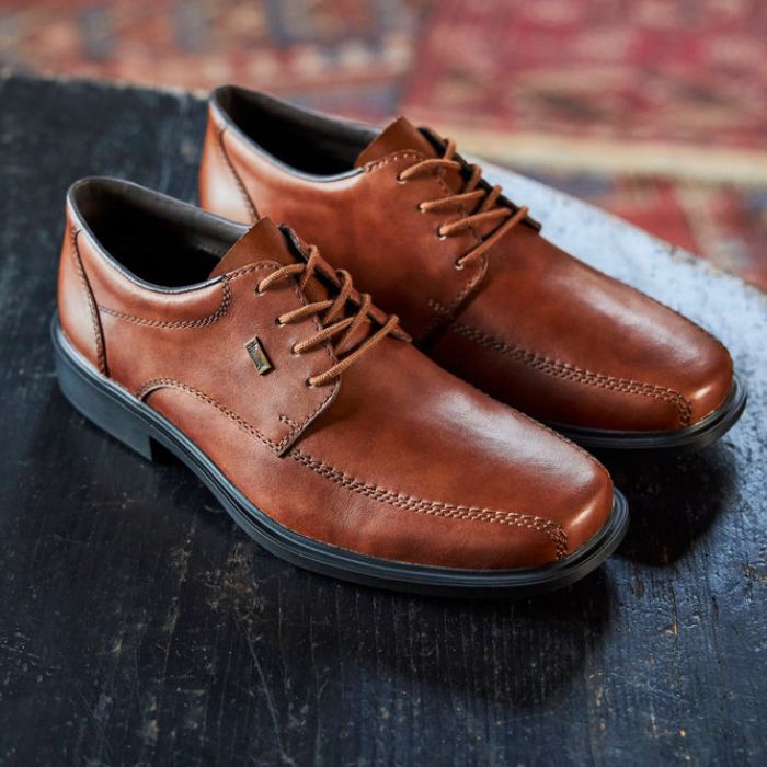 Brown leather dress shoe with bicycle toe.