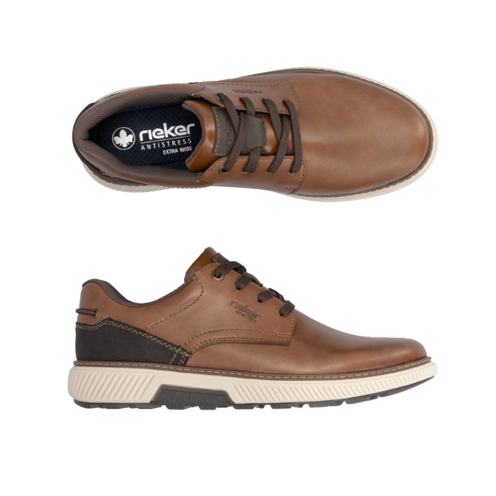 Pair of Lace-up leather sneakers in brown with navy accent heel, beige midsole and black outsole.
